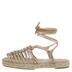 Pre Owned Chloe Beige Knotted Leather Ankle-Wrap Flat Espadrille Sandals Size 35