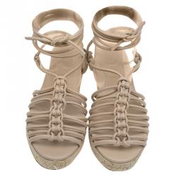 Pre Owned Chloe Beige Knotted Leather Ankle-Wrap Flat Espadrille Sandals Size 35