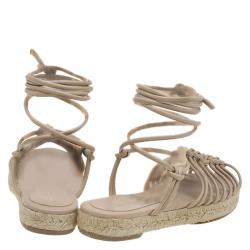 Pre Owned Chloe Beige Knotted Leather Ankle-Wrap Flat Espadrille Sandals Size 35