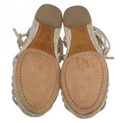 Pre Owned Chloe Beige Knotted Leather Ankle-Wrap Flat Espadrille Sandals Size 35