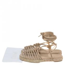 Pre Owned Chloe Beige Knotted Leather Ankle-Wrap Flat Espadrille Sandals Size 35