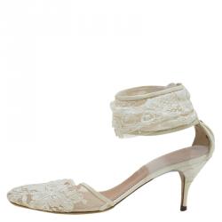 Pre Owned Chloe Cream Lace Ankle Strap Heel Sandals Size 38.5