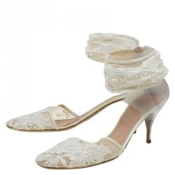 Pre Owned Chloe Cream Lace Ankle Strap Heel Sandals Size 38.5