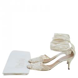 Pre Owned Chloe Cream Lace Ankle Strap Heel Sandals Size 38.5
