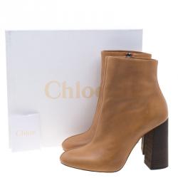 Pre Owned Chloe Brown Leather Block Heel Ankle Boots Size 40