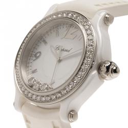 Chopard White Ceramic Happy Sport Diamond Women's Wristwatch 36MM