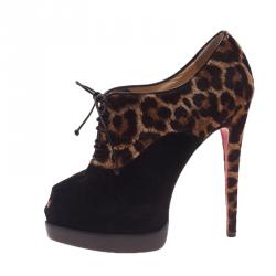 Pre Owned حذاء بوت كريستيان لوبوتان ميس بوبينز شعر حصان بنقشة الفهد والسويدي برباط للكاحل مقاس 38.5