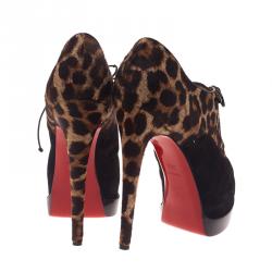 Pre Owned حذاء بوت كريستيان لوبوتان ميس بوبينز شعر حصان بنقشة الفهد والسويدي برباط للكاحل مقاس 38.5