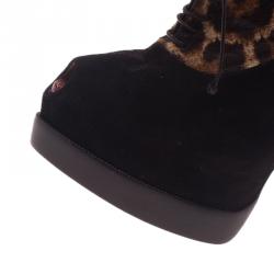 Pre Owned حذاء بوت كريستيان لوبوتان ميس بوبينز شعر حصان بنقشة الفهد والسويدي برباط للكاحل مقاس 38.5