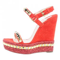 Pre Owned Christian Louboutin Orange Studded Leather and Suede Cataclou Espadrille Wedge Sandals Size 37
