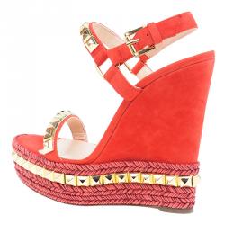 Pre Owned Christian Louboutin Orange Studded Leather and Suede Cataclou Espadrille Wedge Sandals Size 37