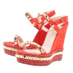 Pre Owned Christian Louboutin Orange Studded Leather and Suede Cataclou Espadrille Wedge Sandals Size 37