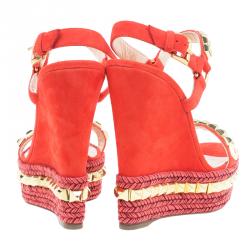 Pre Owned Christian Louboutin Orange Studded Leather and Suede Cataclou Espadrille Wedge Sandals Size 37