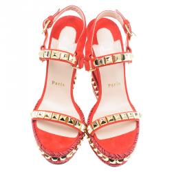Pre Owned Christian Louboutin Orange Studded Leather and Suede Cataclou Espadrille Wedge Sandals Size 37