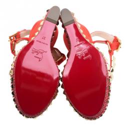 Pre Owned Christian Louboutin Orange Studded Leather and Suede Cataclou Espadrille Wedge Sandals Size 37