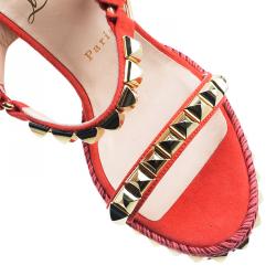 Pre Owned Christian Louboutin Orange Studded Leather and Suede Cataclou Espadrille Wedge Sandals Size 37