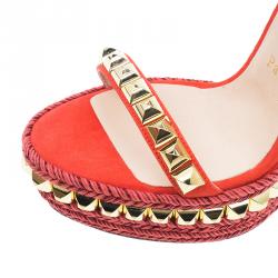 Pre Owned Christian Louboutin Orange Studded Leather and Suede Cataclou Espadrille Wedge Sandals Size 37