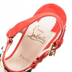 Pre Owned Christian Louboutin Orange Studded Leather and Suede Cataclou Espadrille Wedge Sandals Size 37