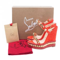 Pre Owned Christian Louboutin Orange Studded Leather and Suede Cataclou Espadrille Wedge Sandals Size 37