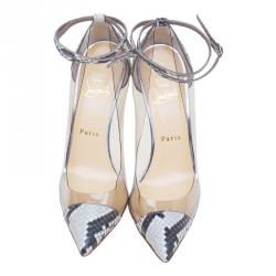 Pre Owned Christian Louboutin Grey Python and PVC Pigalle Un Bout Ankle Strap Pumps Size 37