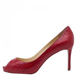 Pre Owned Christian Louboutin Red Watersnake No Matter Peep Toe Pumps Size 38