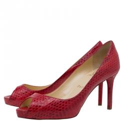 Pre Owned Christian Louboutin Red Watersnake No Matter Peep Toe Pumps Size 38