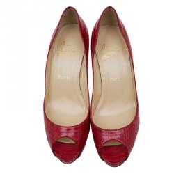 Pre Owned Christian Louboutin Red Watersnake No Matter Peep Toe Pumps Size 38