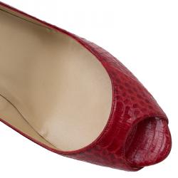 Pre Owned Christian Louboutin Red Watersnake No Matter Peep Toe Pumps Size 38