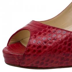 Pre Owned Christian Louboutin Red Watersnake No Matter Peep Toe Pumps Size 38
