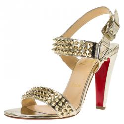 Pre Owned صندل كريستيان لوبوتان بيكي بايك جلد ذهبي مرصع مقاس 37.5