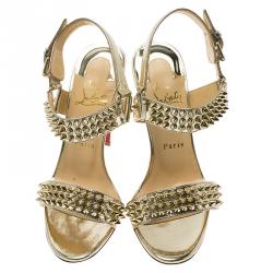 Pre Owned صندل كريستيان لوبوتان بيكي بايك جلد ذهبي مرصع مقاس 37.5