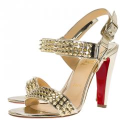 Pre Owned صندل كريستيان لوبوتان بيكي بايك جلد ذهبي مرصع مقاس 37.5