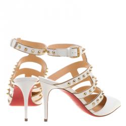 Pre Owned Christian Louboutin White  Leather Tchicaboum Spike Embellished  Strappy Sandals Size 38.5