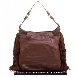 Pre Owned Christian Louboutin Brown Leather Justine Fringed Hobo