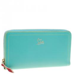 Pre Owned Christian Louboutin Turquoise Leather Zip Around Agenda Wallet