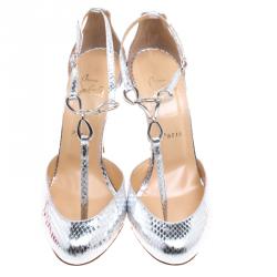 Pre Owned Christian Louboutin Silver Metallic Snake Embossed Leather Carla T Strap Sandals Size 39