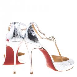 Pre Owned Christian Louboutin Silver Metallic Snake Embossed Leather Carla T Strap Sandals Size 39