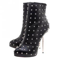Pre Owned Christian Louboutin Black Leather Lipspikes Ankle Boots Size 40
