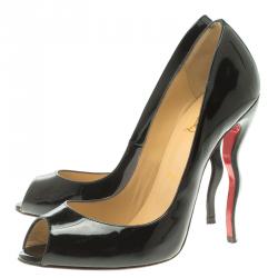مملوكة مسبقًا Christian Louboutin Black Patent Leather Jolly Wavy Heel Peep Toe Pumps Size 39