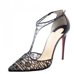 Pre Owned Christian Louboutin Black Lace T-Strap Salonu Sandals Size 40.5