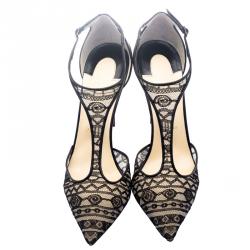 Pre Owned Christian Louboutin Black Lace T-Strap Salonu Sandals Size 40.5