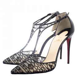 Pre Owned Christian Louboutin Black Lace T-Strap Salonu Sandals Size 40.5