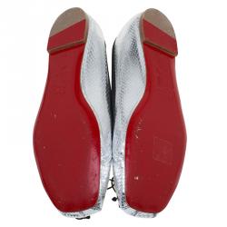مملوكة مسبقًا Christian Louboutin Silver Python Embossed Leather Rosella Square Toe Ballet Flats Size 37.5
