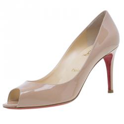 Pre Owned حذاء كعب عالي كريستيان لوبوتان يويو يويو بفتحة أصبع جلد لامع بيج مقاس 39.5