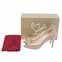 Pre Owned حذاء كعب عالي كريستيان لوبوتان يويو يويو بفتحة أصبع جلد لامع بيج مقاس 39.5