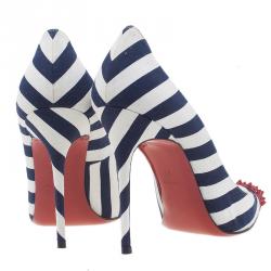 Pre Owned Christian Louboutin Blue Geo Striped Spike Pumps Size 39