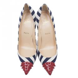 Pre Owned Christian Louboutin Blue Geo Striped Spike Pumps Size 39