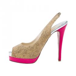 Pre Owned Christian Louboutin Cork Leather Catenita Slingback Platform Sandals Size 36.5