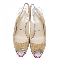 Pre Owned Christian Louboutin Cork Leather Catenita Slingback Platform Sandals Size 36.5