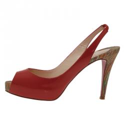 Pre Owned Christian Louboutin Red Patent So Private Peep Toe Slingback Sandals Size 38.5